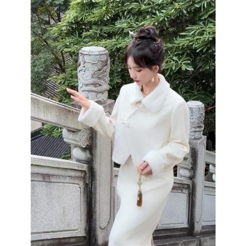 SHAOER若曦新中式小香风白色套装裙女秋季上衣配半身裙两件套