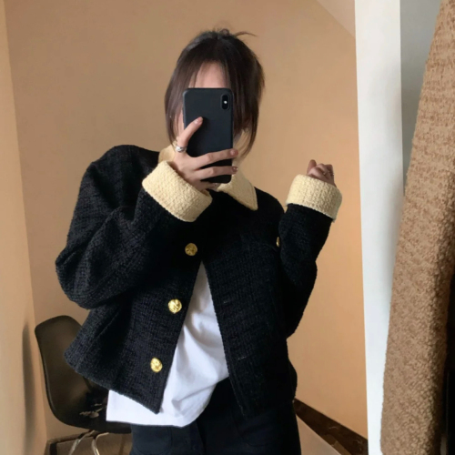 Color-blocked small fragrant style short coat for women  autumn and winter style new fashion high-end temperament tweed top