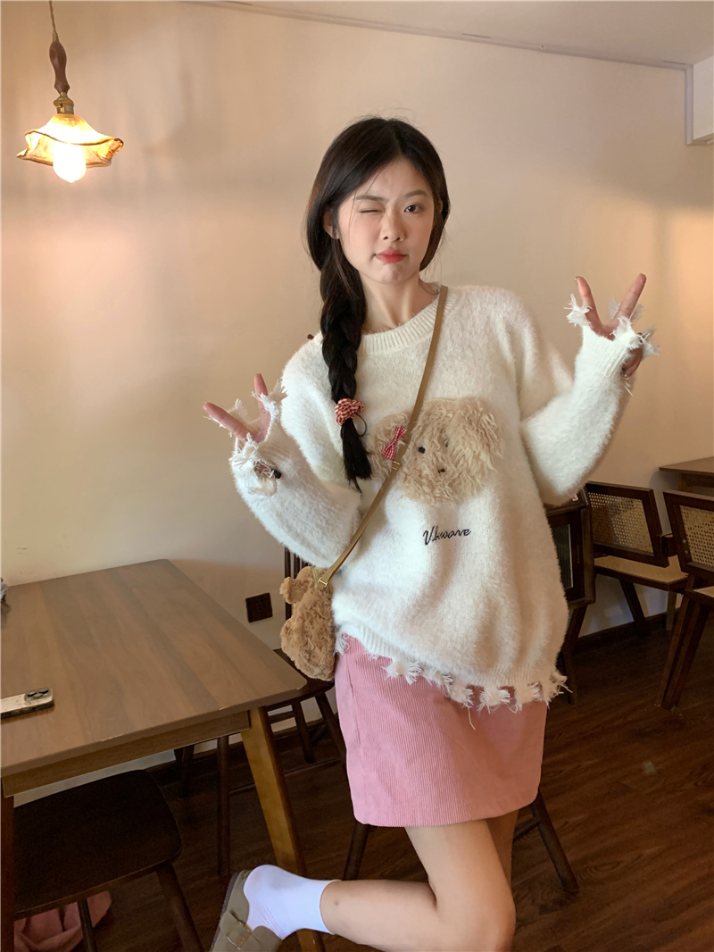 實拍 新款 韓版圓領卡通毛絨小熊寬鬆長袖毛衣
