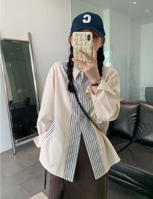只只 one of u 小個子定製 藍色條紋襯衫女早春疊穿拼接別致上衣