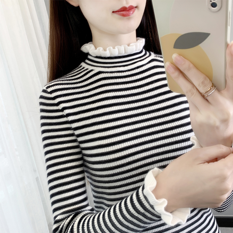 半高領毛衣女打底衫秋冬2023年新款荷葉邊內搭上衣修身條紋針織衫