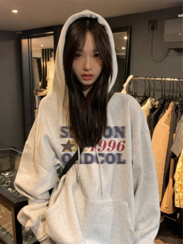 Official picture of national fashion brand hiphop hooded velvet sweatshirt for women in autumn and winter loose oversize versatile lazy style jacket