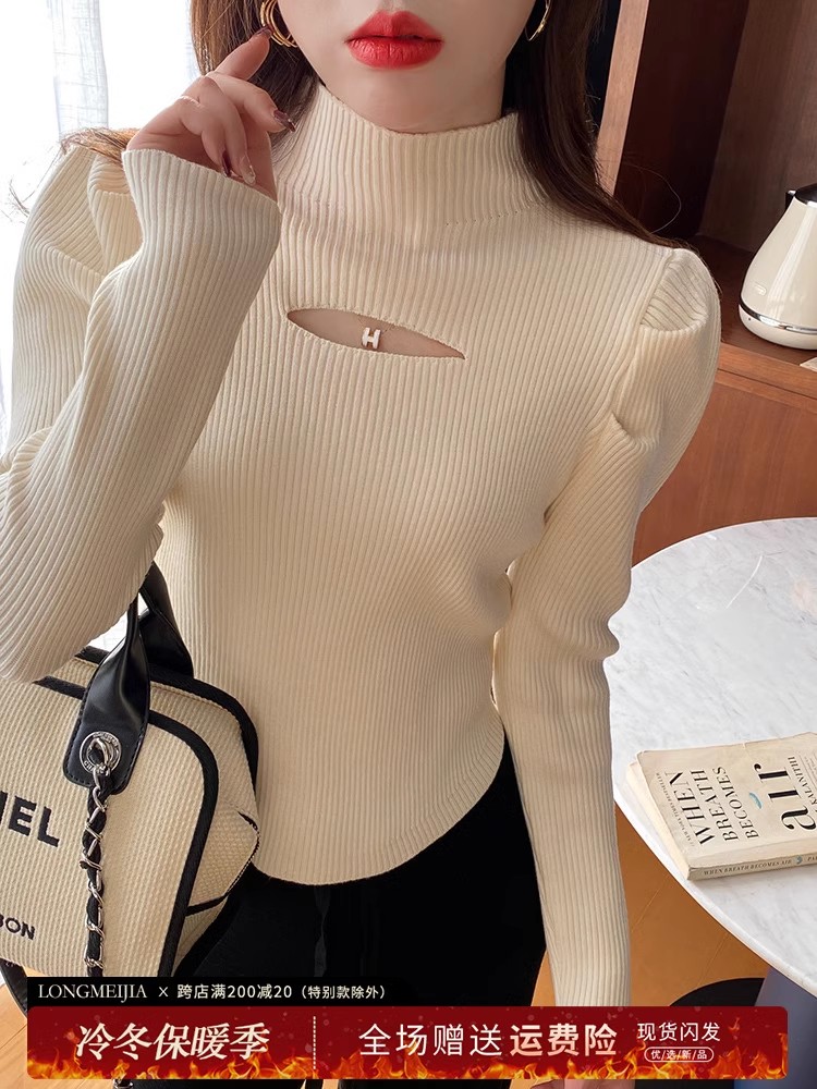 Half turtleneck hollow bottoming shirt for women in autumn and winter with white sweater and stylish 2023 new slim top knitted sweater