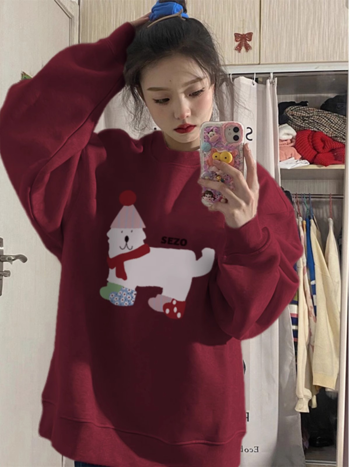 聖誕穿搭酒紅色加厚衛衣女2023秋冬韓系chic寬鬆正肩龍年衣服ins