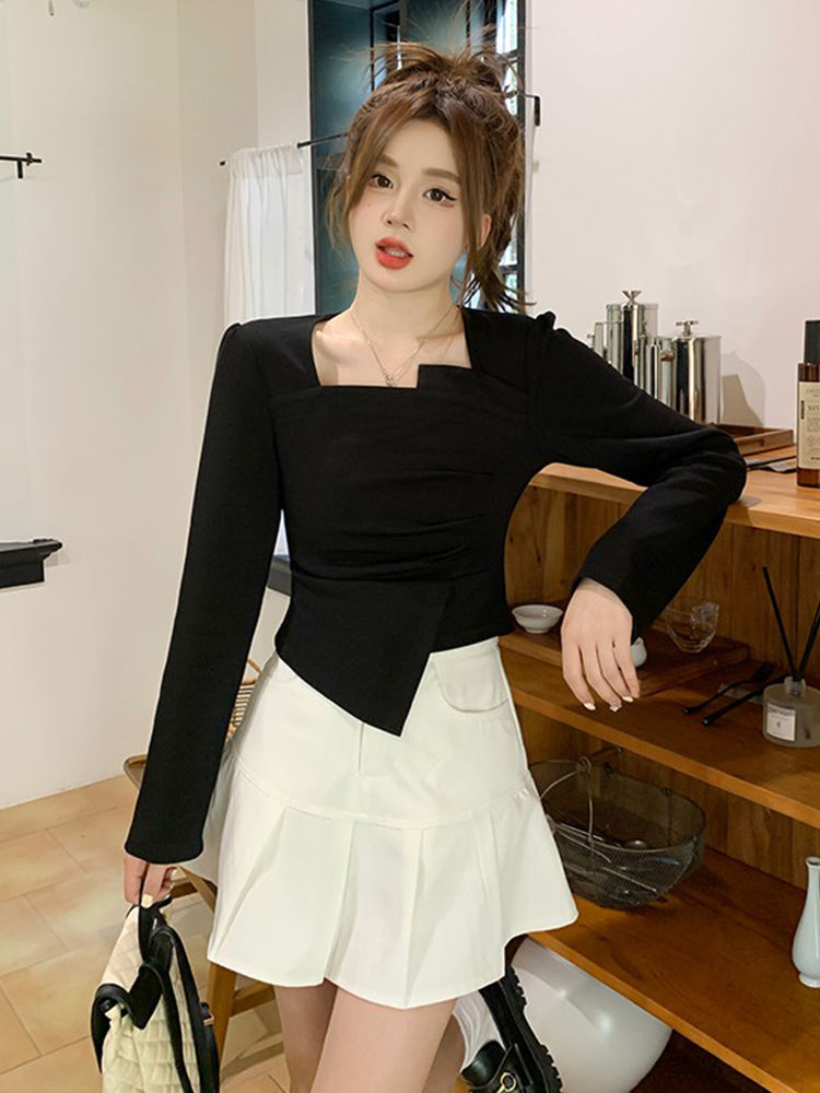 德絨不規則方領正肩長袖t恤女秋季設計感小眾修身短款上衣