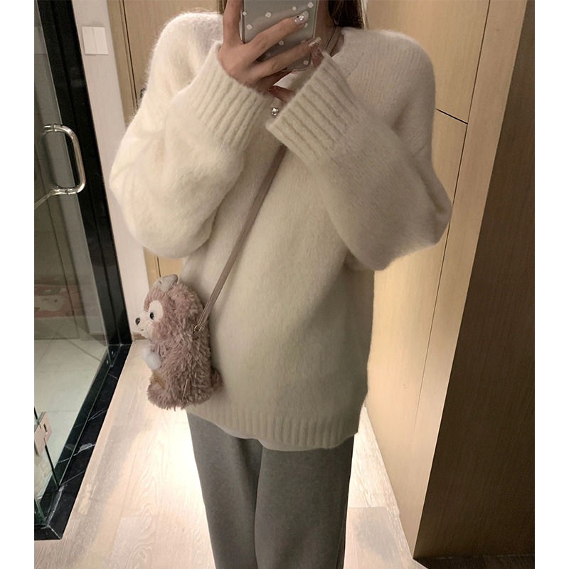 慵懶風軟糯馬海毛白色圓領套頭毛衣女秋冬季寬鬆外穿毛茸茸針織衫
