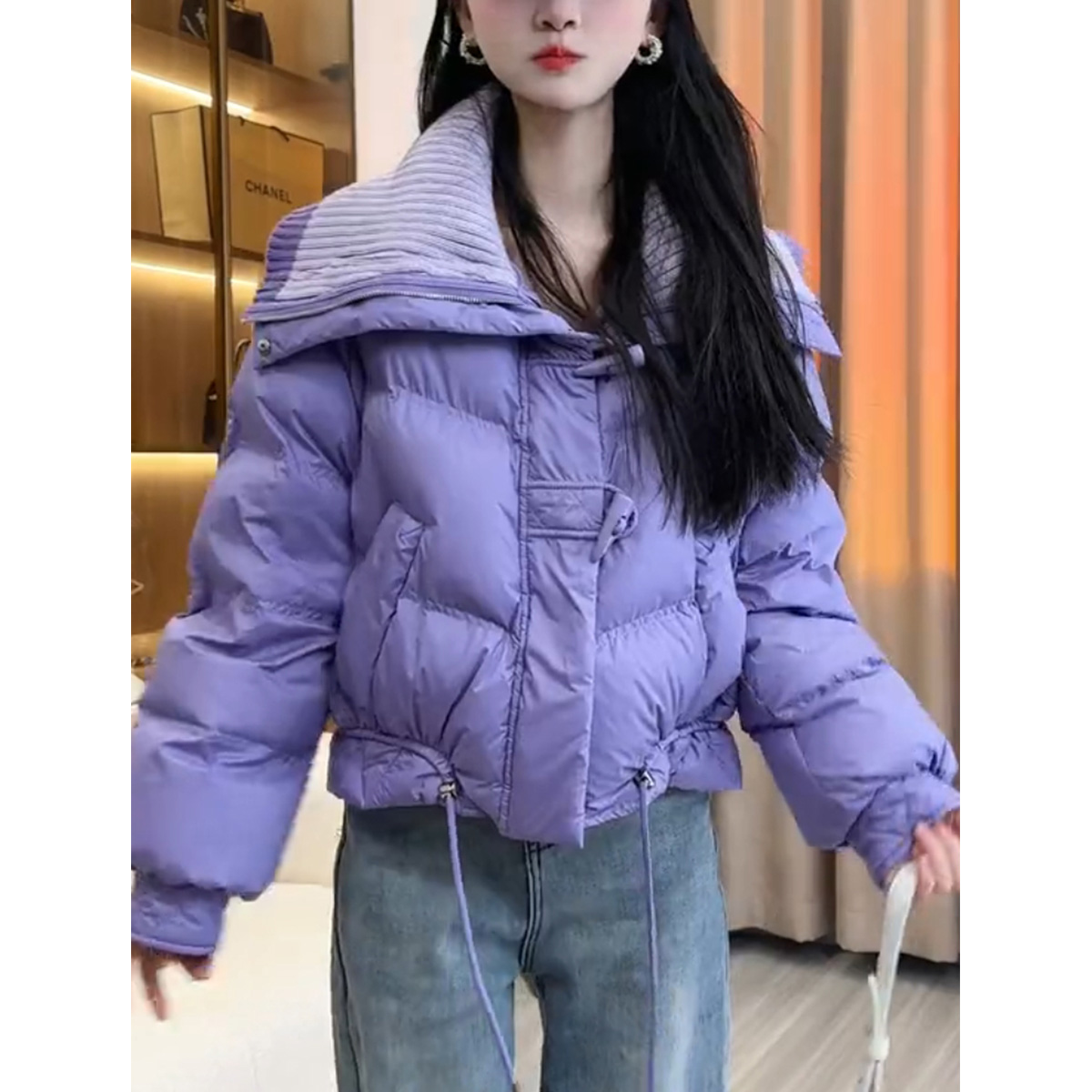 Quality Inspection Officer Picture 2023 Winter New Style Lapel Horn Button Drawstring Thickened Versatile Fashion Short Cotton Jacket