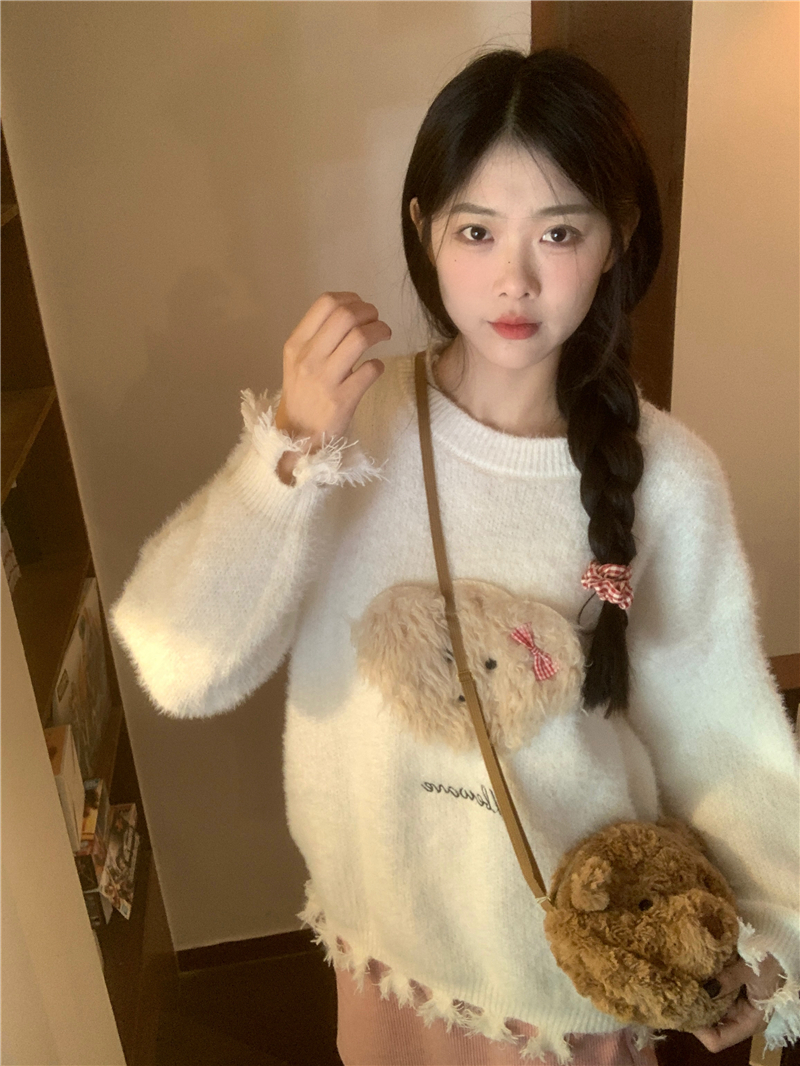 實拍 新款 韓版圓領卡通毛絨小熊寬鬆長袖毛衣
