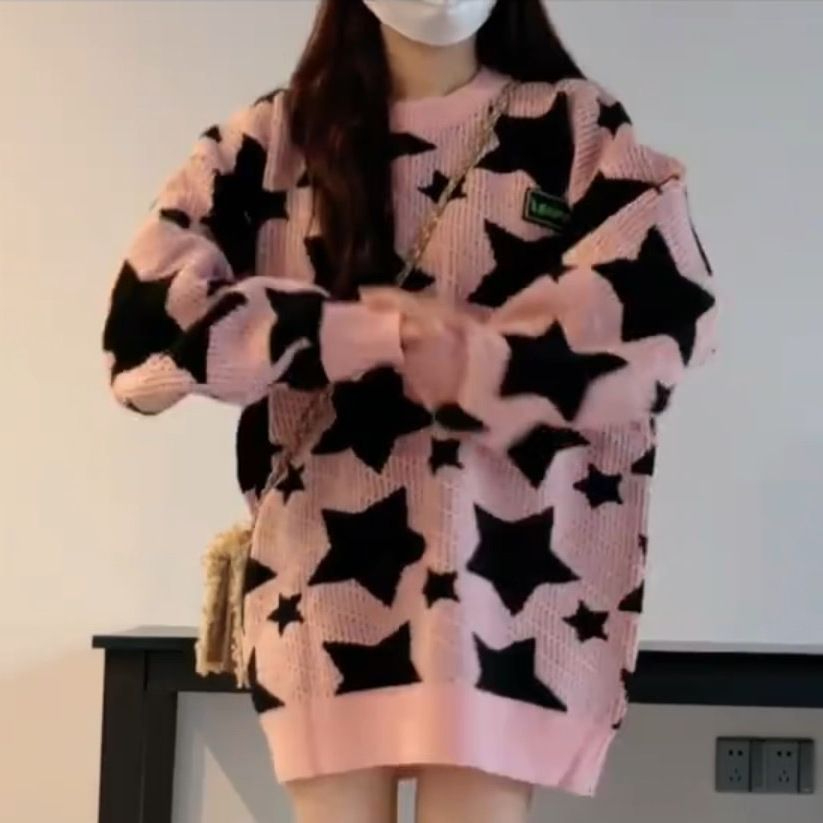 193#慵懶風星星提花毛衣外套女學生韓版寬鬆中長款針織衫長袖上衣