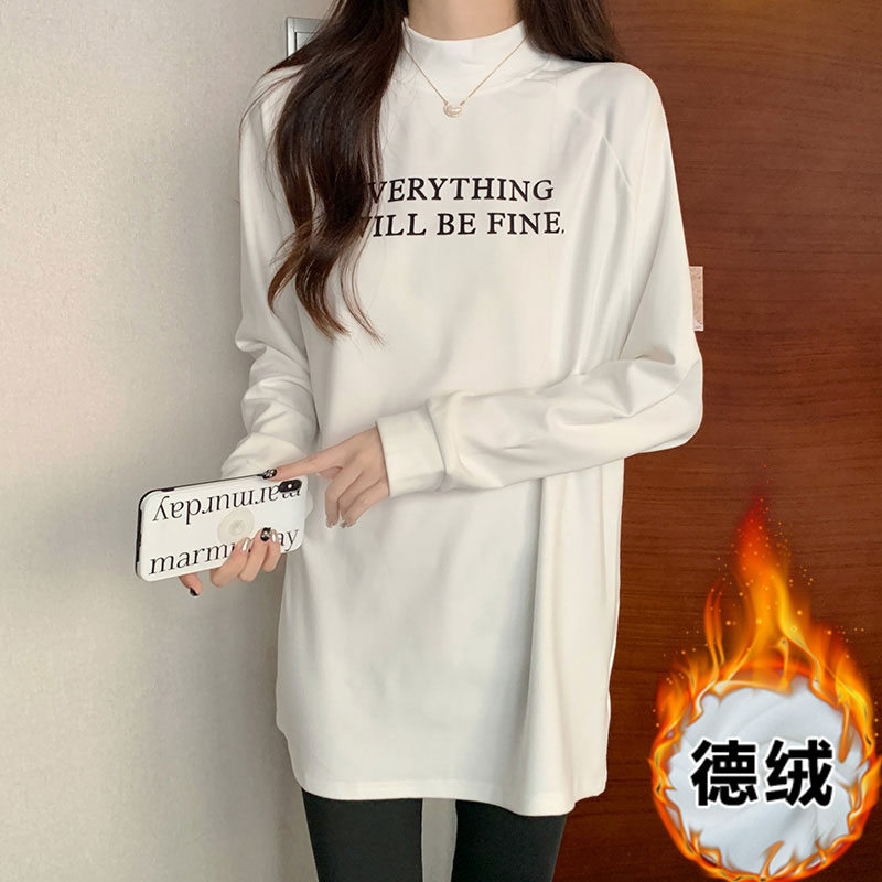 實拍半高領德絨打底衫女秋冬新款字母印花中長款寬鬆加厚上衣