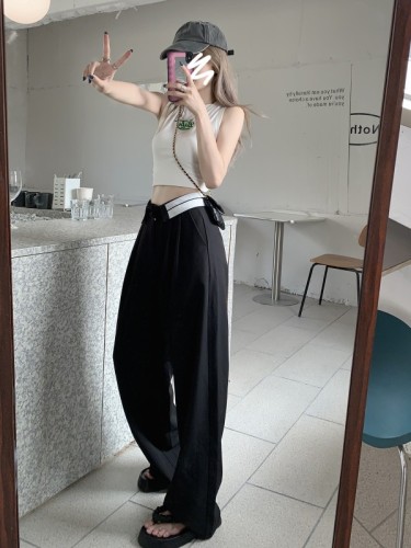 Hong Kong Style Gray Cuffed Suit Pants Women's Summer High Waist Drape Floor-Mapping Pants Casual Wide Leg Pants