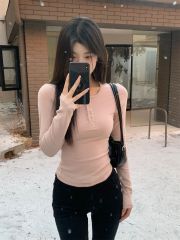 Real shot of velvet innerwear sweater with brushed soft and warm buttons round neck elastic slim long sleeve T-shirt 