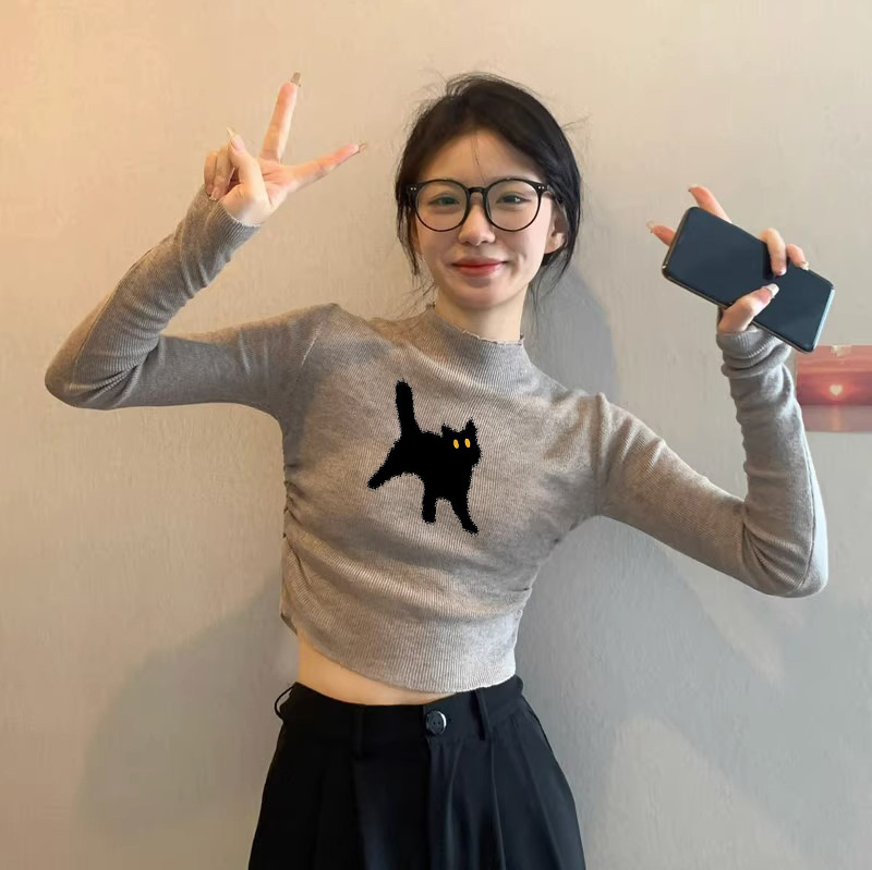 港味復古ins超火貓咪印花針織長袖針織衫女秋季修身顯瘦打底上衣