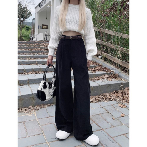 Corduroy casual pants for women in autumn  new retro high-waist slim design wide-leg straight floor-length pants