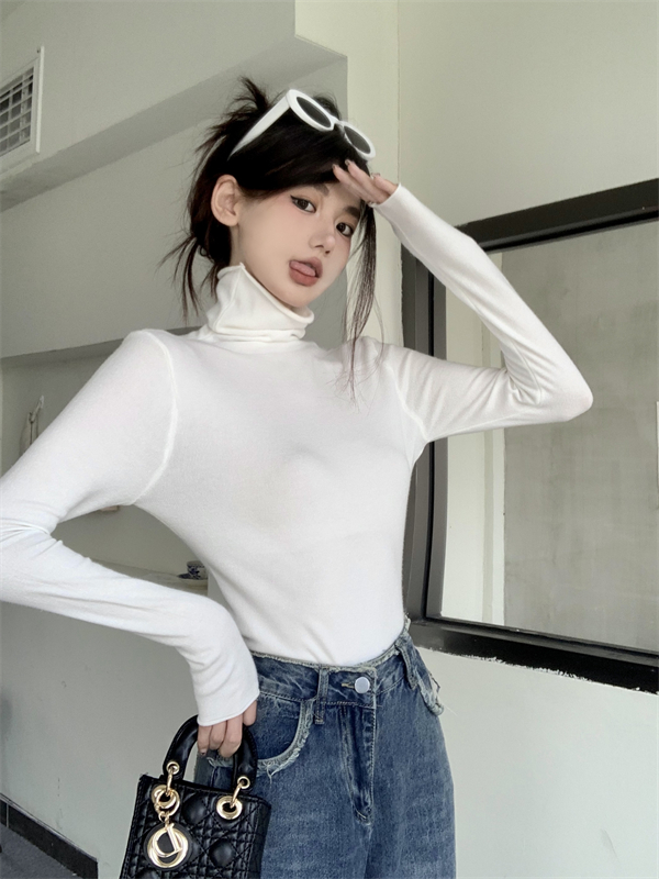 實拍 修身顯瘦個性卷邊堆堆領高領套頭打底衫毛衣女