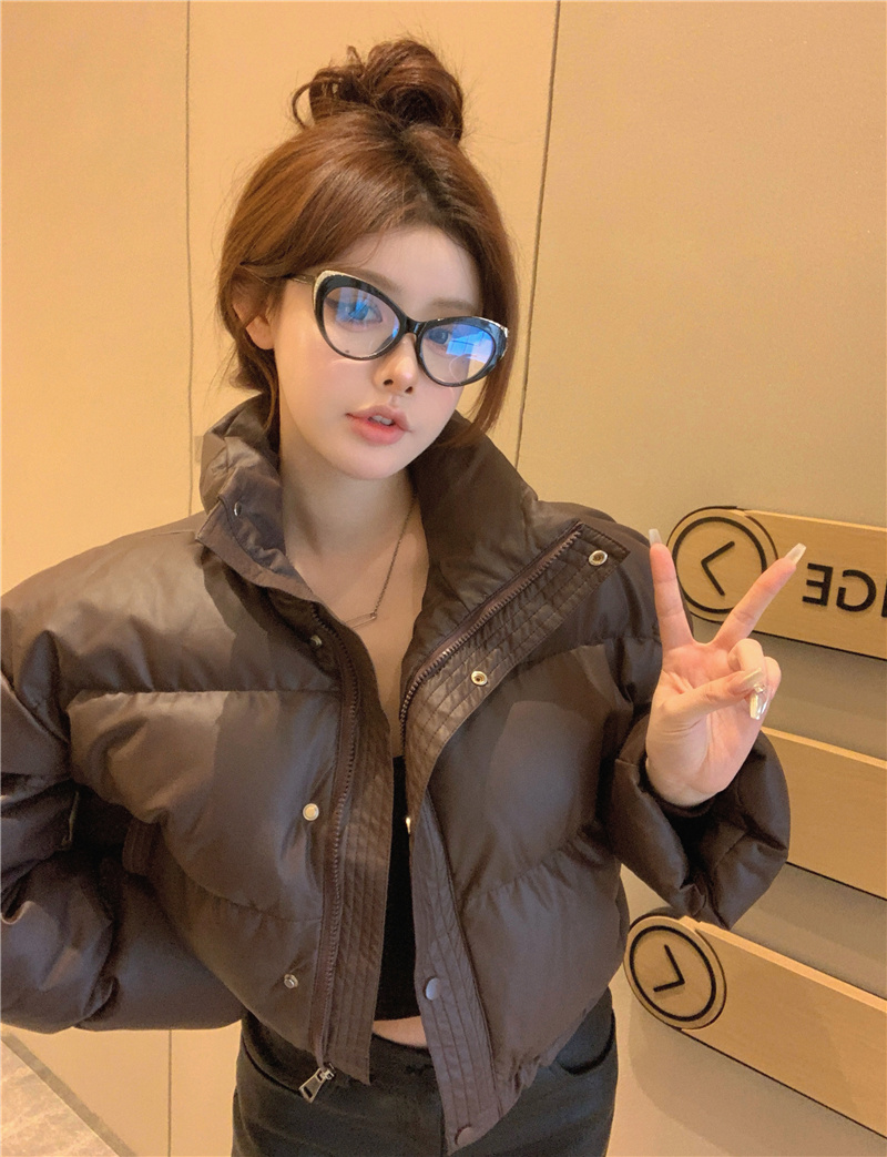 Actual shot ~ no-wash pu leather down jacket short 2023 winter new style thickened stand-up collar bread jacket for small people