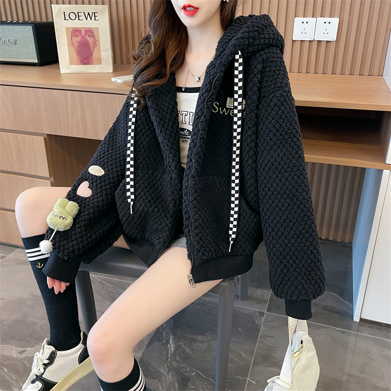 Real shot of double-sided velvet zipper jacket 2023 new sweet love hooded casual loose jacket for trendy women