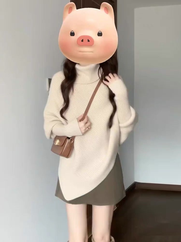 Irregular turtleneck pullover sweater for women in autumn and winter, high-end, lazy style, soft and waxy loose cloak knitted top, thickened