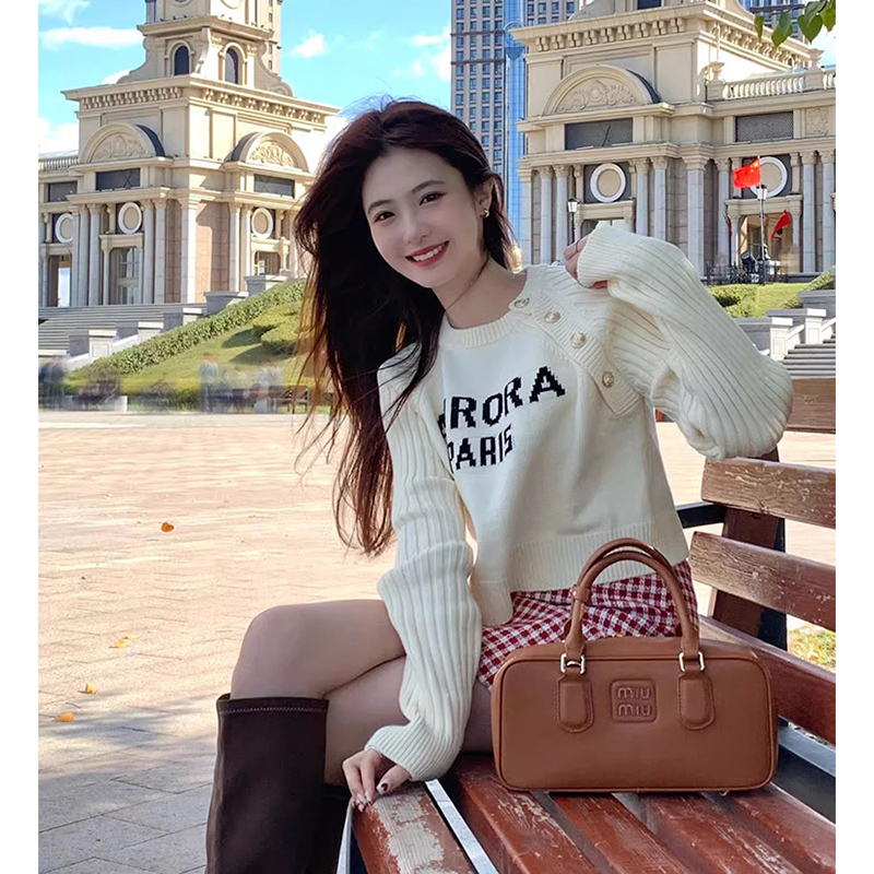 溫柔短款毛衣女字母提花設計感小眾別致針織衫甜美長袖上衣打底衫