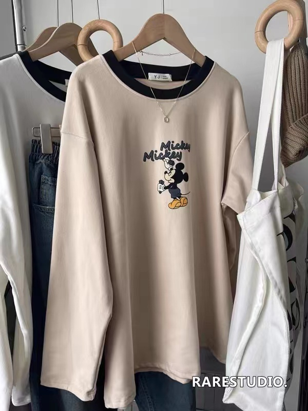 Silk cotton double-sided velvet Mickey print versatile lazy casual long-sleeved T-shirt as an inner layer to keep warm