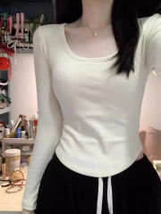 Silk cotton double-sided velvet design niche square neck long-sleeved T-shirt women's bottoming shirt slimming top