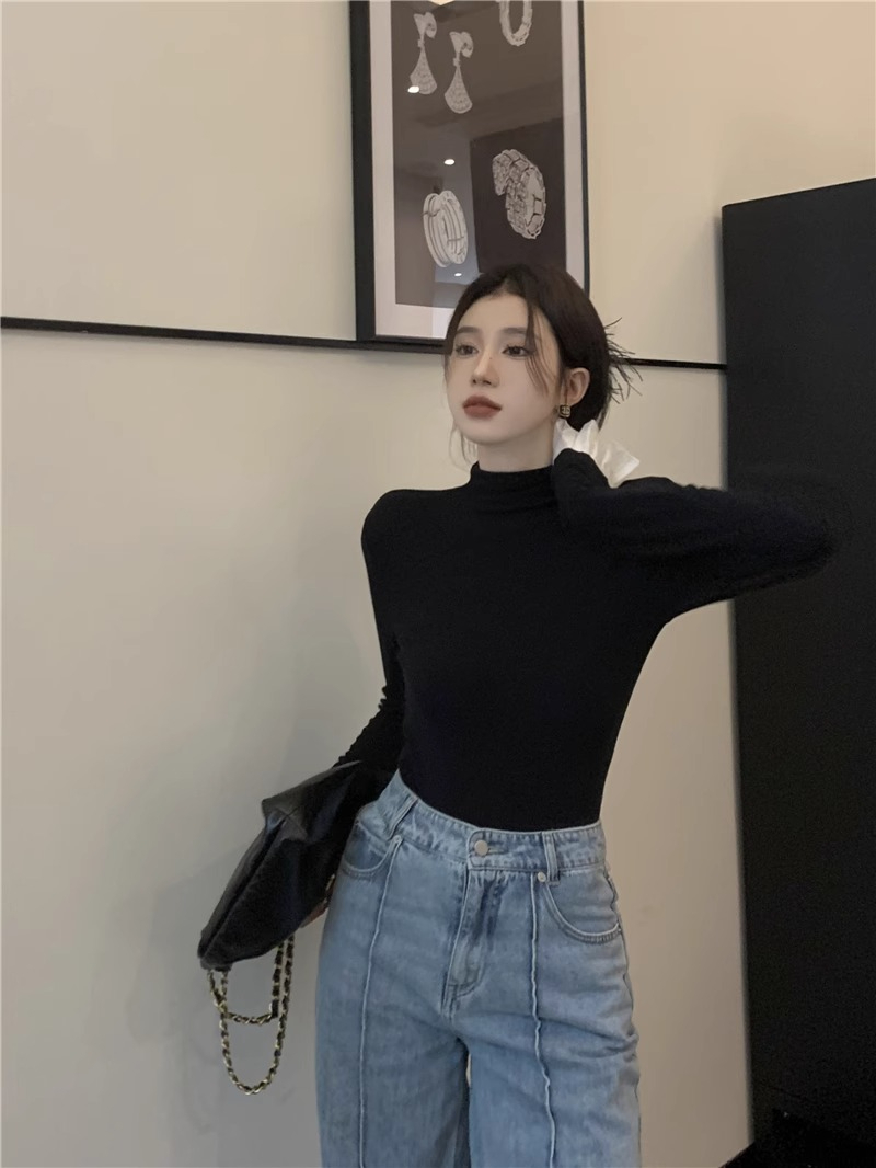 德絨韓版辣妹高領顯瘦百搭長袖t恤秋季新款內搭小眾修身短款上衣