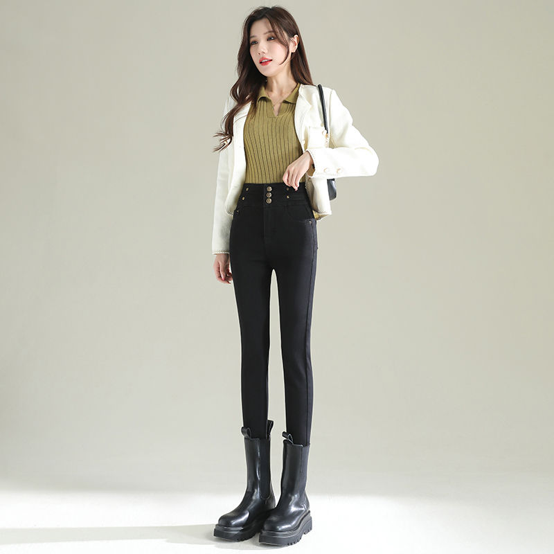 實拍2024早春新款高腰高彈力排扣緊身小腳加厚加絨牛仔褲女