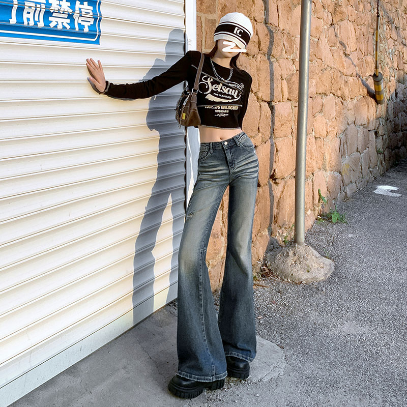 實拍2024早春新款復古彈力微喇牛仔褲女修身顯瘦拖地褲