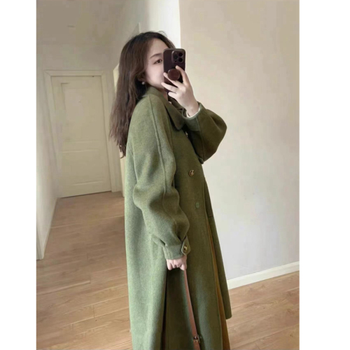  new autumn and winter green Hepburn style design woolen coat mid-length woolen coat for women