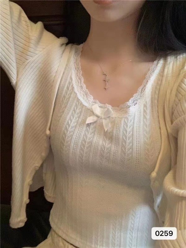 設計感純欲風圓領鏤空蕾絲花邊蝴蝶結背心