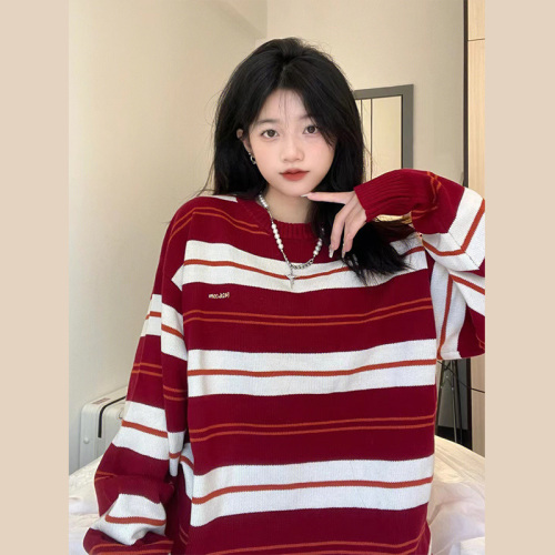 Spring and autumn new style Japanese lazy retro red and white striped design pullover sweater for women loose