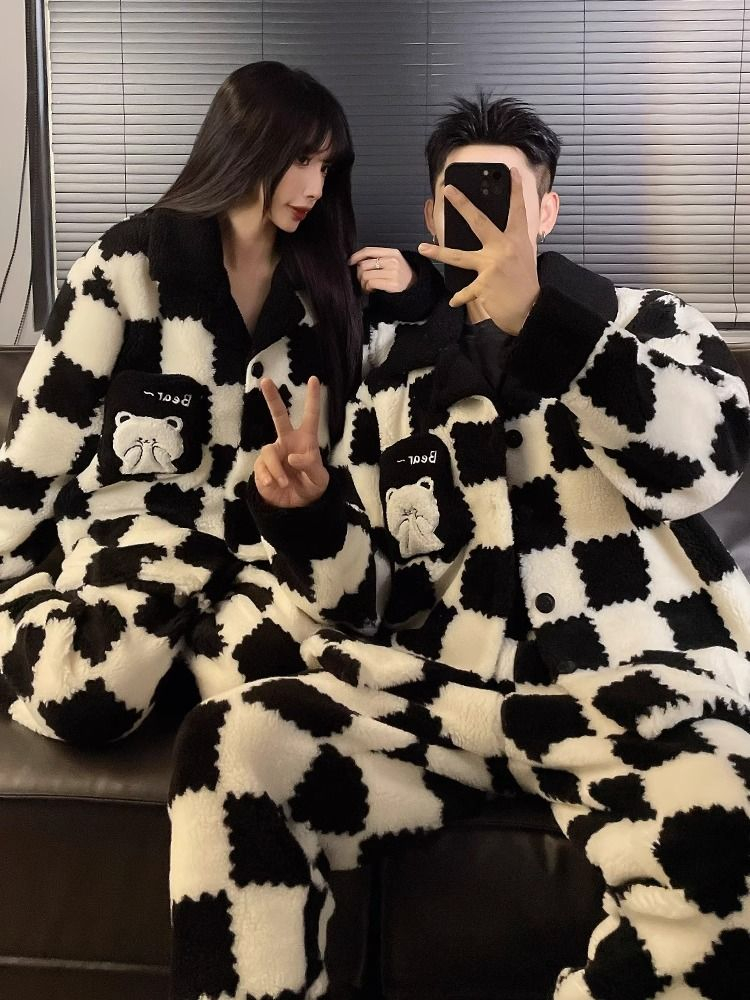 艾尚情侶睡衣女秋冬加絨加厚冬天男士青少年法蘭絨家居服套裝