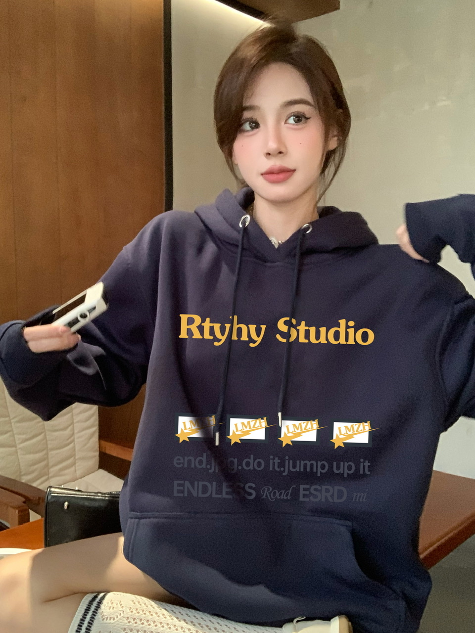 純棉 加銀狐絨 潮牌小眾慵懶風設計印花寬鬆百搭連帽衛衣