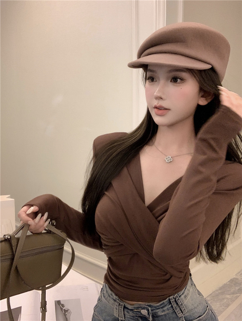 人棉交叉v領長袖T恤女裝秋溫柔風褶皺短款上衣