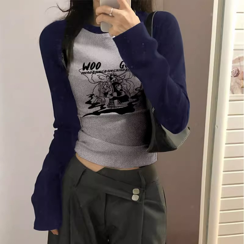 1*1純棉包領法式甜辣妹插肩長袖上衣秋季修身顯瘦掐腰小衫t恤