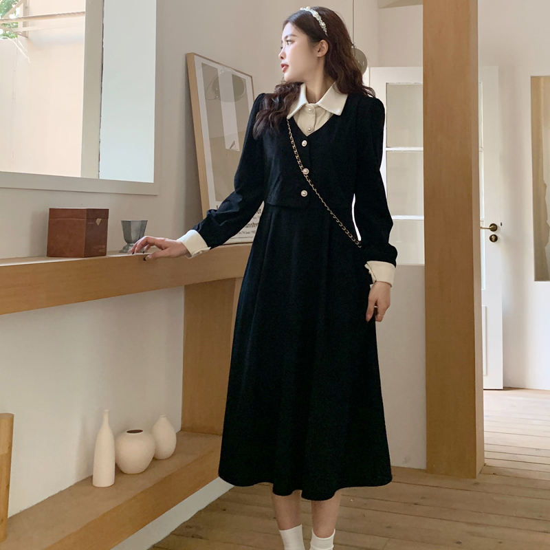 實拍｜扣子均可打開秋冬長袖小香風翻領時尚氣質顯瘦赫本風連衣裙