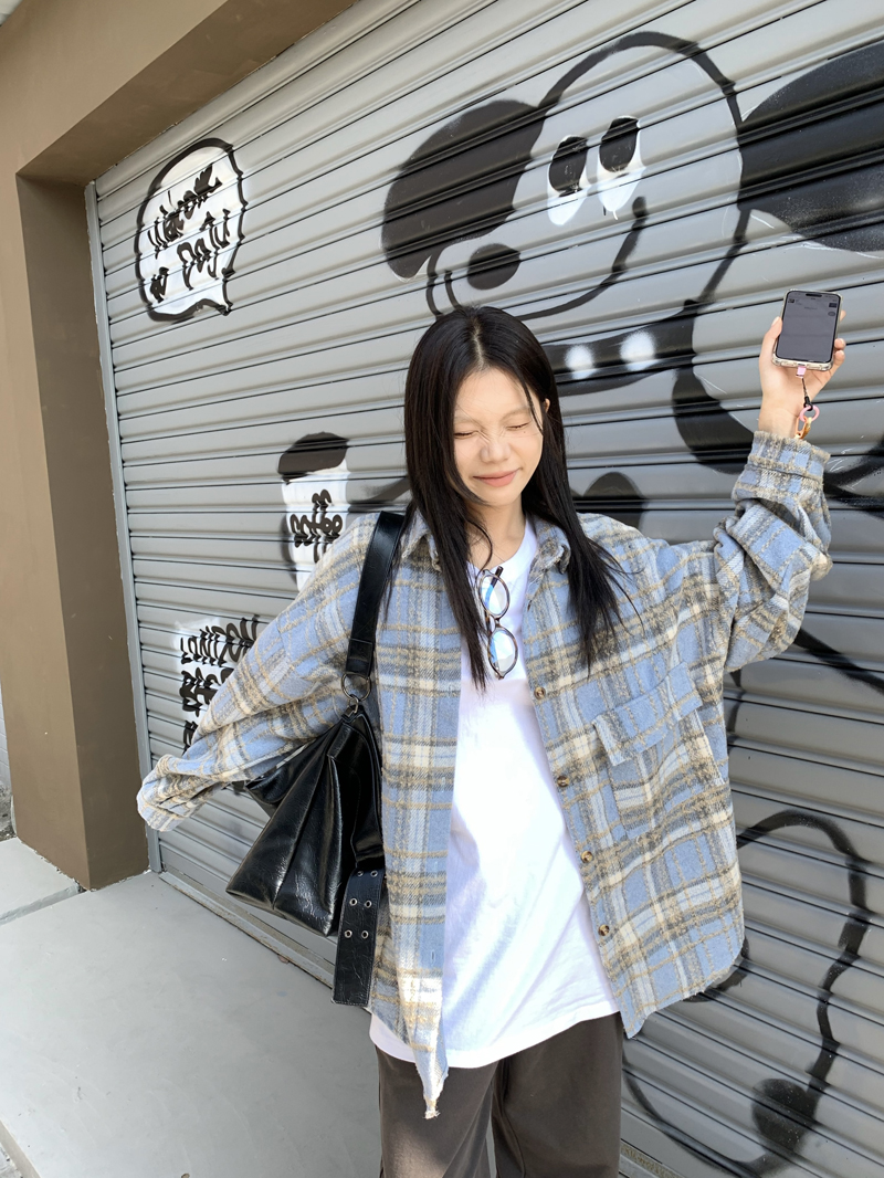 實拍復古美式Polo領格子外套女秋冬季韓版寬鬆毛呢開衫慵懶風上衣