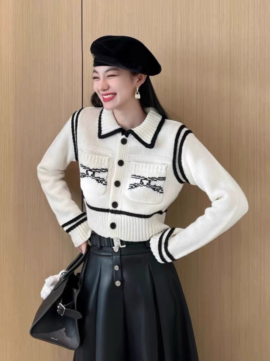 Nancy小景家 溫柔千金 復古粗針羊毛 撞色邊提花小香針織開衫毛衣