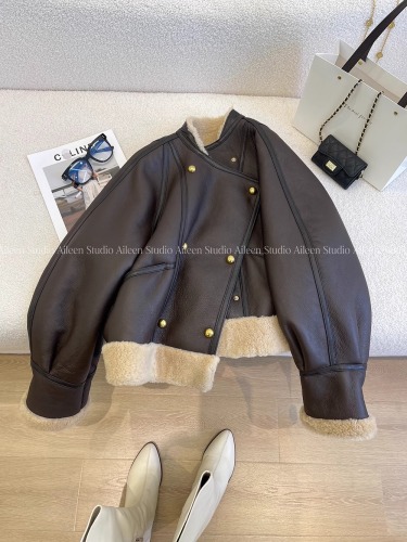 Fur all-in-one jacket women's short  winter new Korean style fashionable thickened warm lamb wool motorcycle top