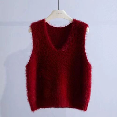 Retro style imitation mink velvet sweater women's vest new style  spring and autumn loose V-neck sleeveless knitted vest thick