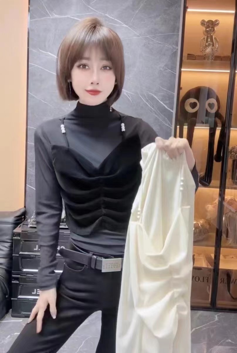 European station 2023 new winter style splicing beaded gold velvet fake two-piece t-shirt women's fashionable and versatile top