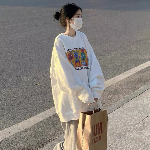 原宿BF加絨加厚套頭圓領衛衣女學生鹽系寬鬆上衣秋冬季外套慵懶風