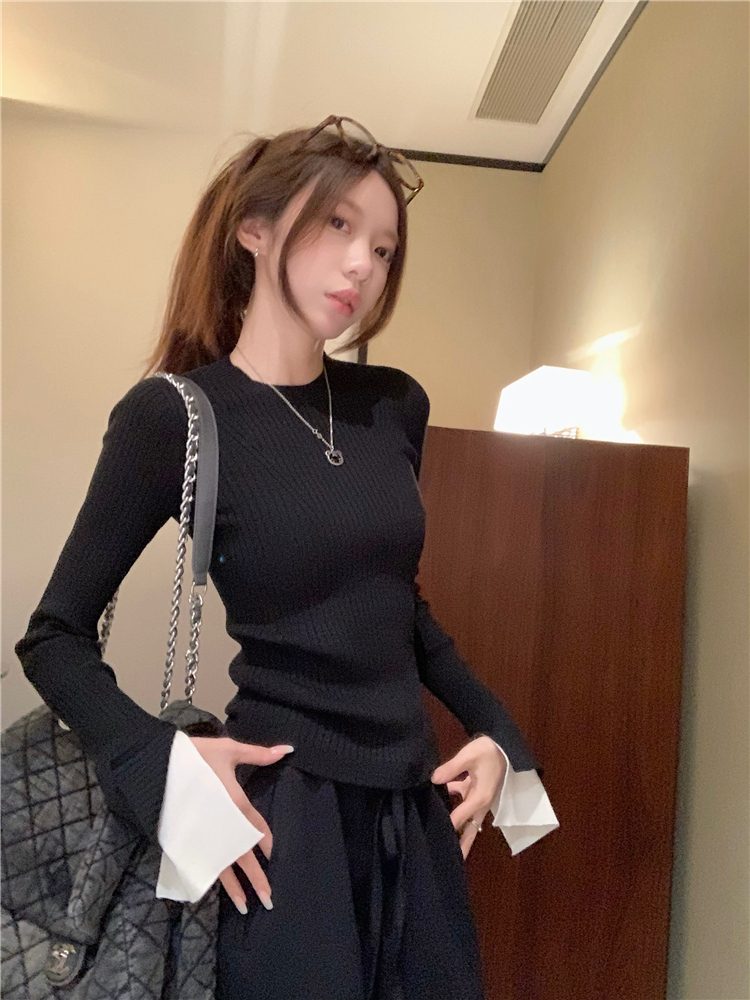 實拍~百搭袖口拼接針織衫女圓領修身小眾設計感打底上衣