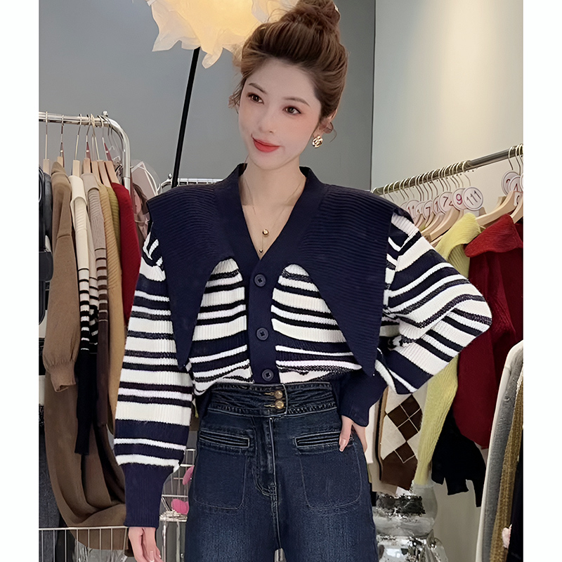 韓版休閒時尚氣質拼色條紋小香風上衣V領針織開衫女百搭秋季新款