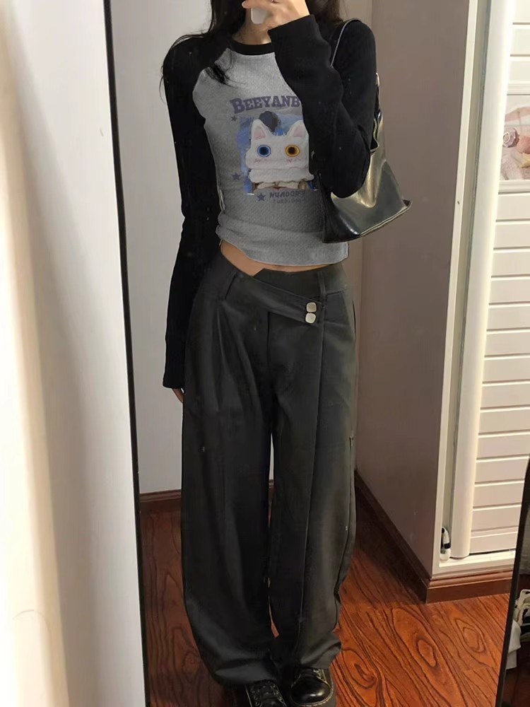 1*1純棉包領撞色美式辣妹潮牌插肩長袖T恤新款卡腰短款上衣