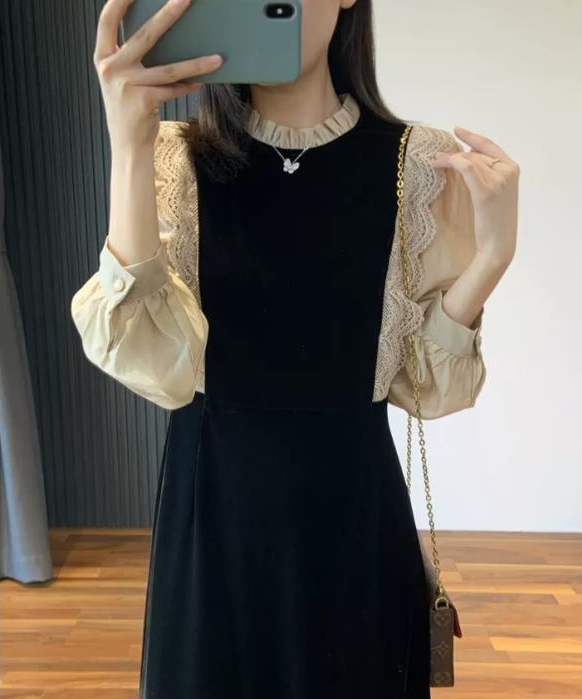 法式名媛連衣裙冬季大碼胖妹妹mm遮肚顯瘦拼接長裙