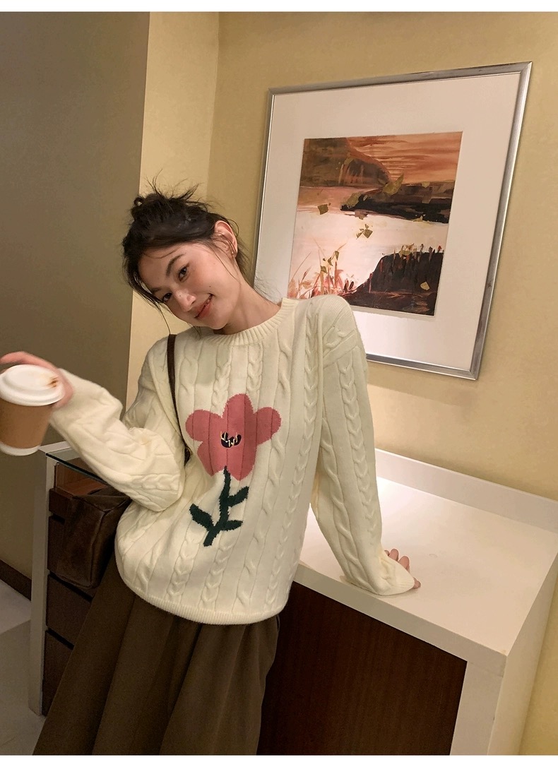 花朵提花針織毛衣女2023秋冬新款小眾設計感長袖上衣