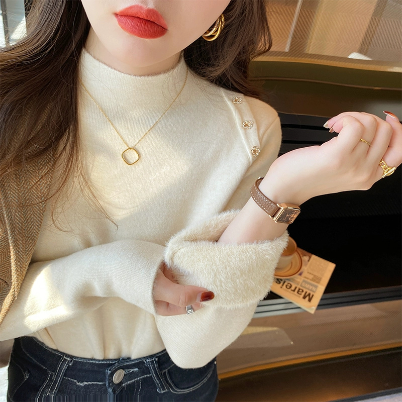 加絨加厚毛衣打底衫女秋冬2023新款洋氣內搭設計感小眾一體絨上衣