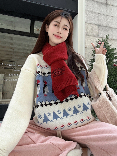 Actual shot of autumn and winter Korean chic cute penguin simple warm sweater suit