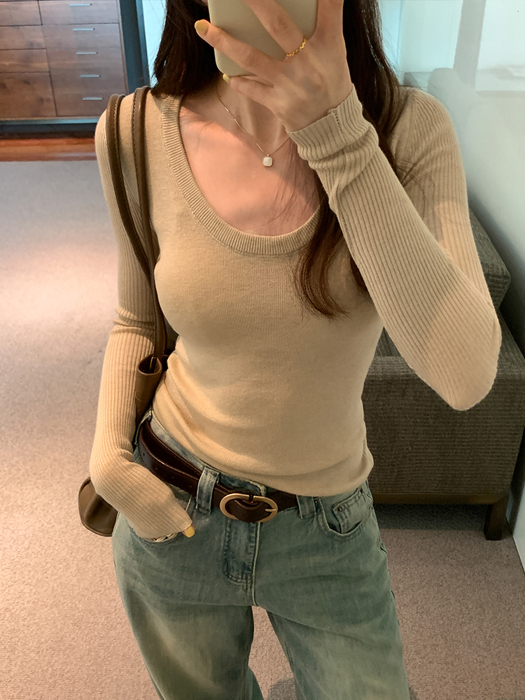 U-neck right shoulder long-sleeved T-shirt for women spring and autumn 2024 new slim-fitting inner layered bottoming sweater top for women